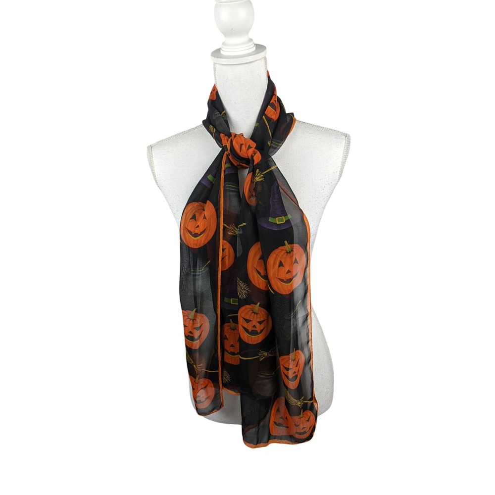 Halloween Scarf Black Sheer Orange Jack-O-Lantern Witch Hat Broom Print Oblong